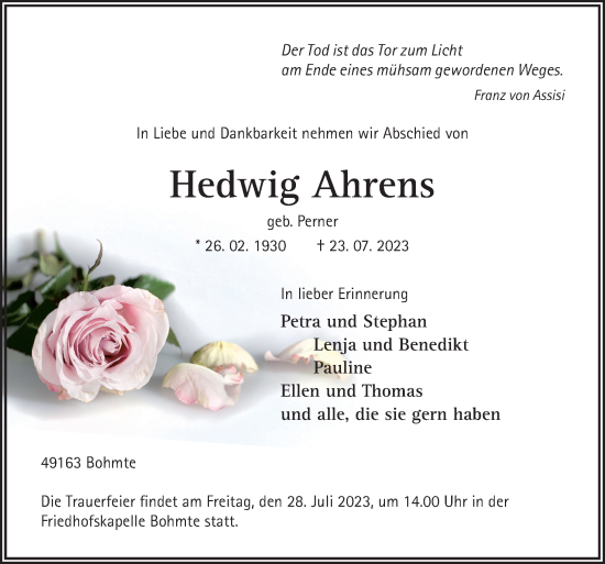 Traueranzeige von Hedwig Ahrens von Neue Osnabrücker Zeitung GmbH & Co. KG