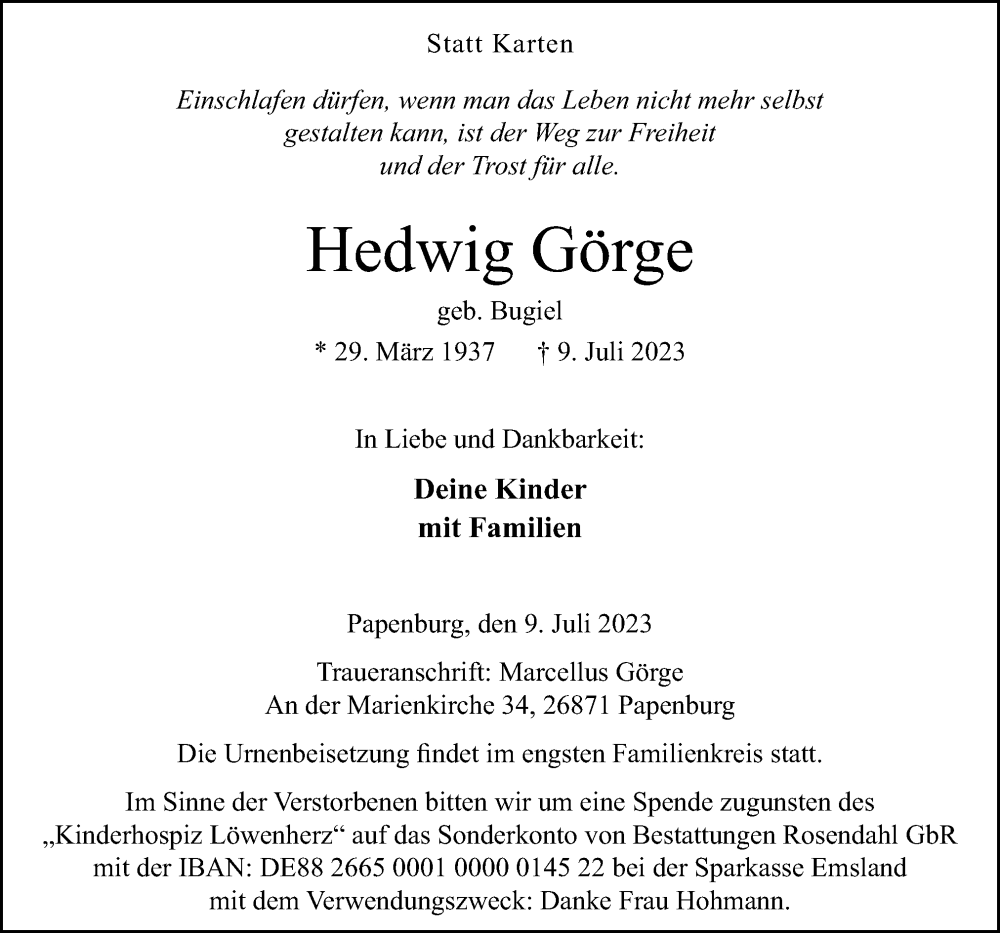  Traueranzeige für Hedwig Görge vom 15.07.2023 aus Neue Osnabrücker Zeitung GmbH & Co. KG