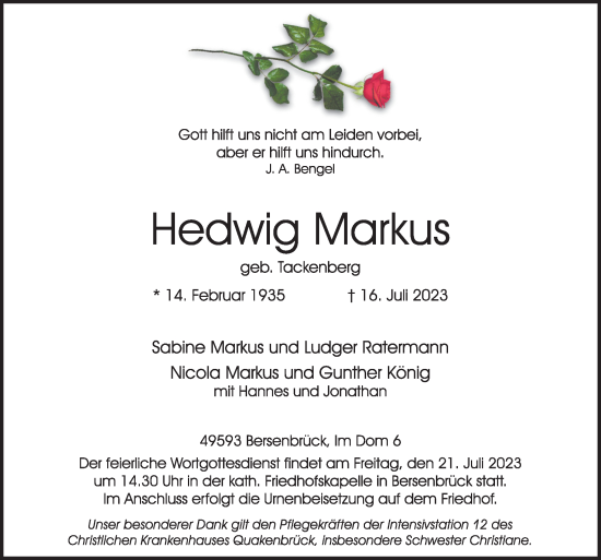 Traueranzeige von Hedwig Markus von Neue Osnabrücker Zeitung GmbH & Co. KG