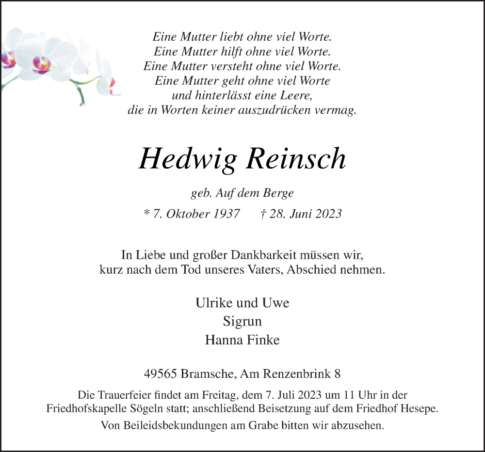  Traueranzeige für Hedwig Reinsch vom 01.07.2023 aus Neue Osnabrücker Zeitung GmbH & Co. KG