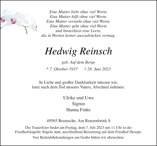 Traueranzeige von Hedwig Reinsch von Neue Osnabrücker Zeitung GmbH & Co. KG