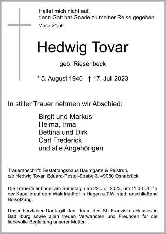 Traueranzeige von Hedwig Tovar von Neue Osnabrücker Zeitung GmbH & Co. KG