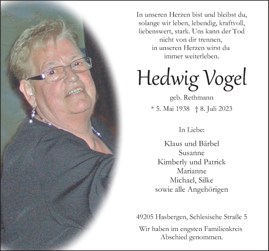Traueranzeige von Hedwig Vogel von Neue Osnabrücker Zeitung GmbH & Co. KG