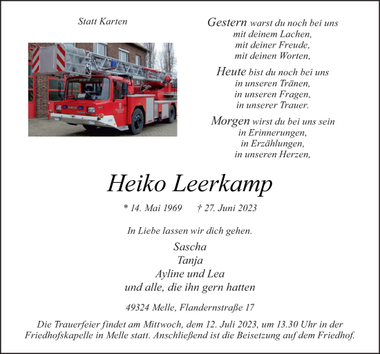 Traueranzeige von Heiko Leerkamp von Neue Osnabrücker Zeitung GmbH & Co. KG