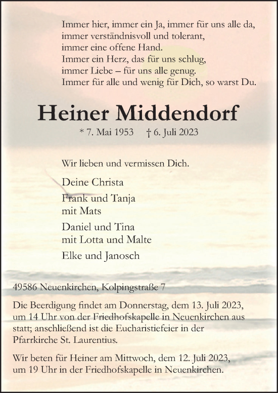 Traueranzeige von Heiner Middendorf von Neue Osnabrücker Zeitung GmbH & Co. KG