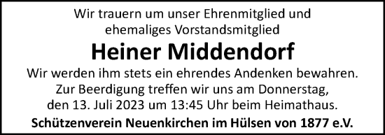 Traueranzeige von Heiner Middendorf von Neue Osnabrücker Zeitung GmbH & Co. KG