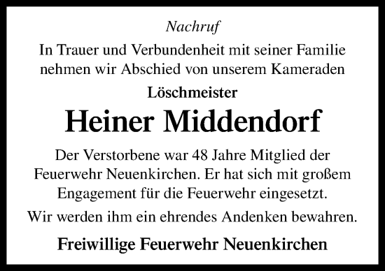 Traueranzeige von Heiner Middendorf von Neue Osnabrücker Zeitung GmbH & Co. KG