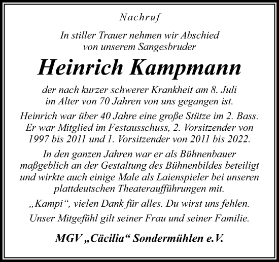Traueranzeige von Heinrich Kampmann von Neue Osnabrücker Zeitung GmbH & Co. KG