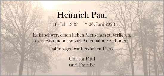 Traueranzeige von Heinrich Paul von Neue Osnabrücker Zeitung GmbH & Co. KG