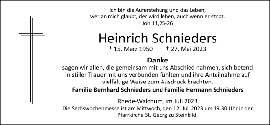 Traueranzeige von Heinrich Schnieders von Neue Osnabrücker Zeitung GmbH & Co. KG