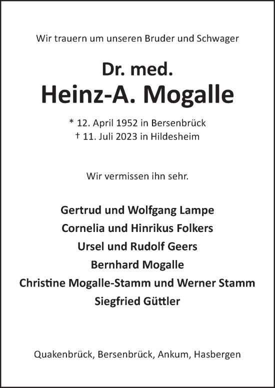 Traueranzeige von Heinz-A. Mogalle von Neue Osnabrücker Zeitung GmbH & Co. KG
