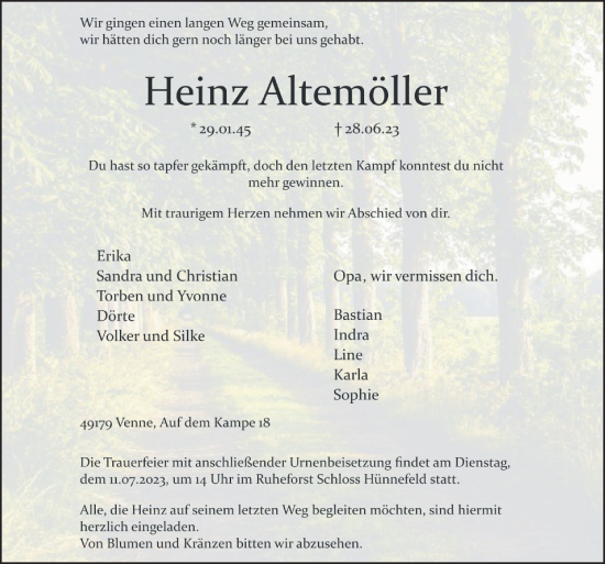 Traueranzeige von Heinz Altemöller von Neue Osnabrücker Zeitung GmbH & Co. KG