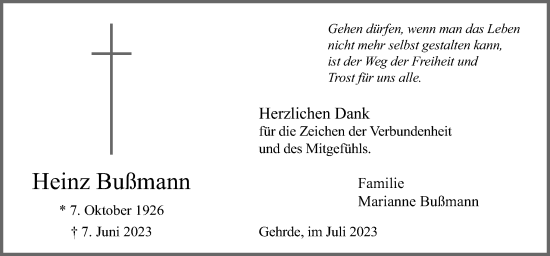 Traueranzeige von Heinz Bußmann von Neue Osnabrücker Zeitung GmbH & Co. KG