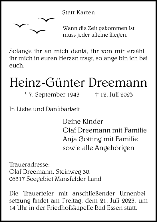Traueranzeige von Heinz-Günter Dreemann von Neue Osnabrücker Zeitung GmbH & Co. KG