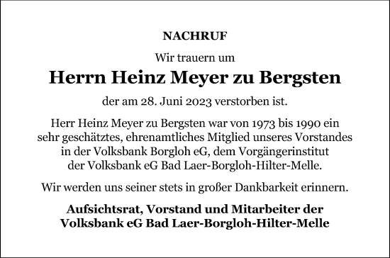 Traueranzeige von Heinz Meyer zu Bergsten von Neue Osnabrücker Zeitung GmbH & Co. KG