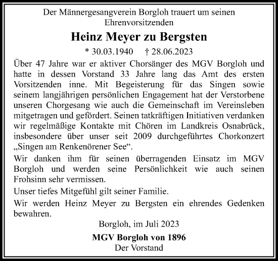 Traueranzeige von Heinz Meyer zu Bergsten von Neue Osnabrücker Zeitung GmbH & Co. KG