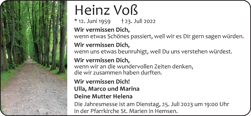  Traueranzeige für Heinz Voß vom 15.07.2023 aus Neue Osnabrücker Zeitung GmbH & Co. KG
