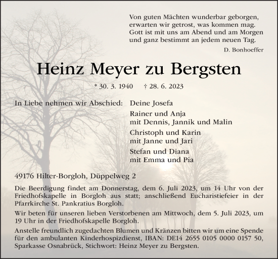 Traueranzeige von Heinz Meyer zu Bergsten von Neue Osnabrücker Zeitung GmbH & Co. KG