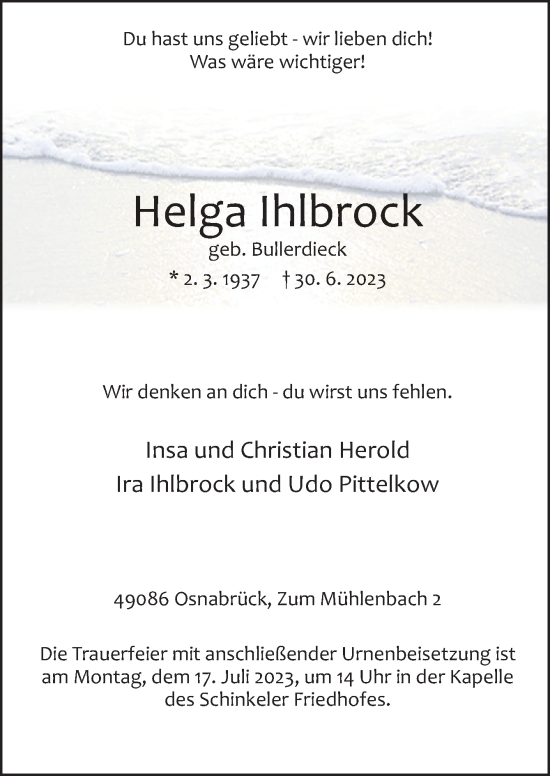 Traueranzeige von Helga Ihlbrock von Neue Osnabrücker Zeitung GmbH & Co. KG