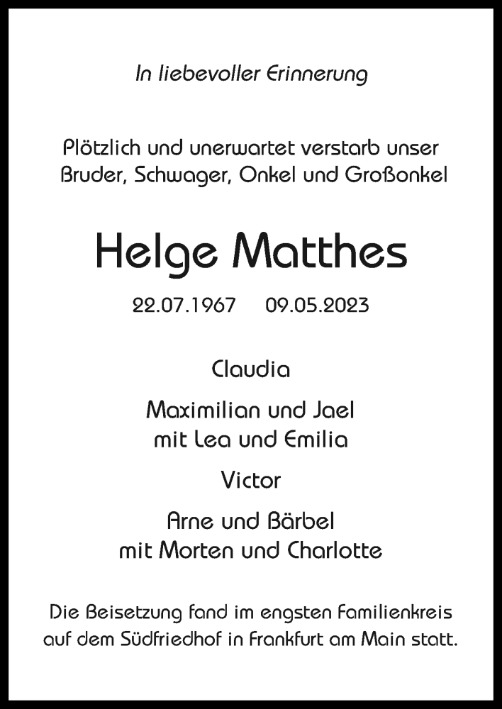  Traueranzeige für Helge Matthes vom 08.07.2023 aus DK Medien GmbH & Co. KG