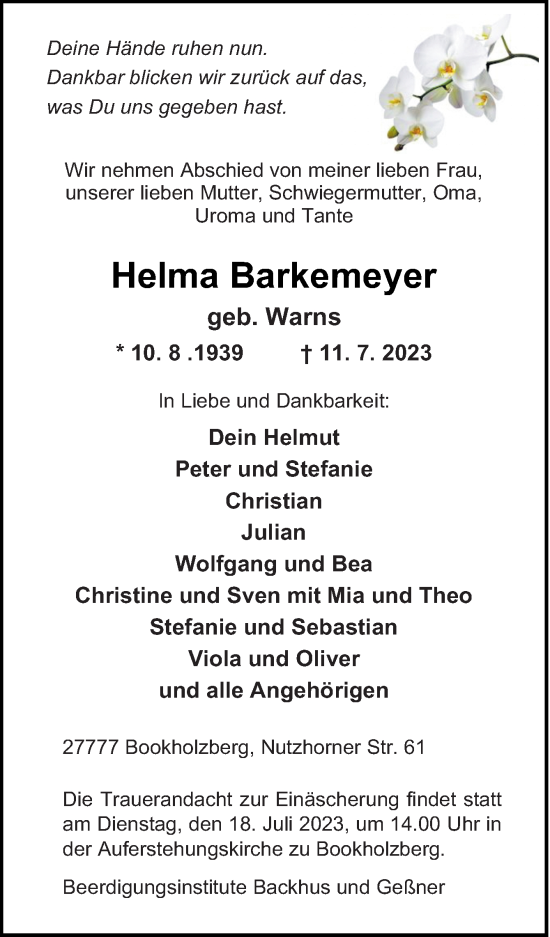 Traueranzeige von Helma Barkemeyer von DK Medien GmbH & Co. KG