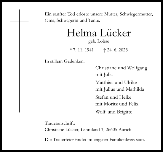 Traueranzeige von Helma Lücker von Neue Osnabrücker Zeitung GmbH & Co. KG
