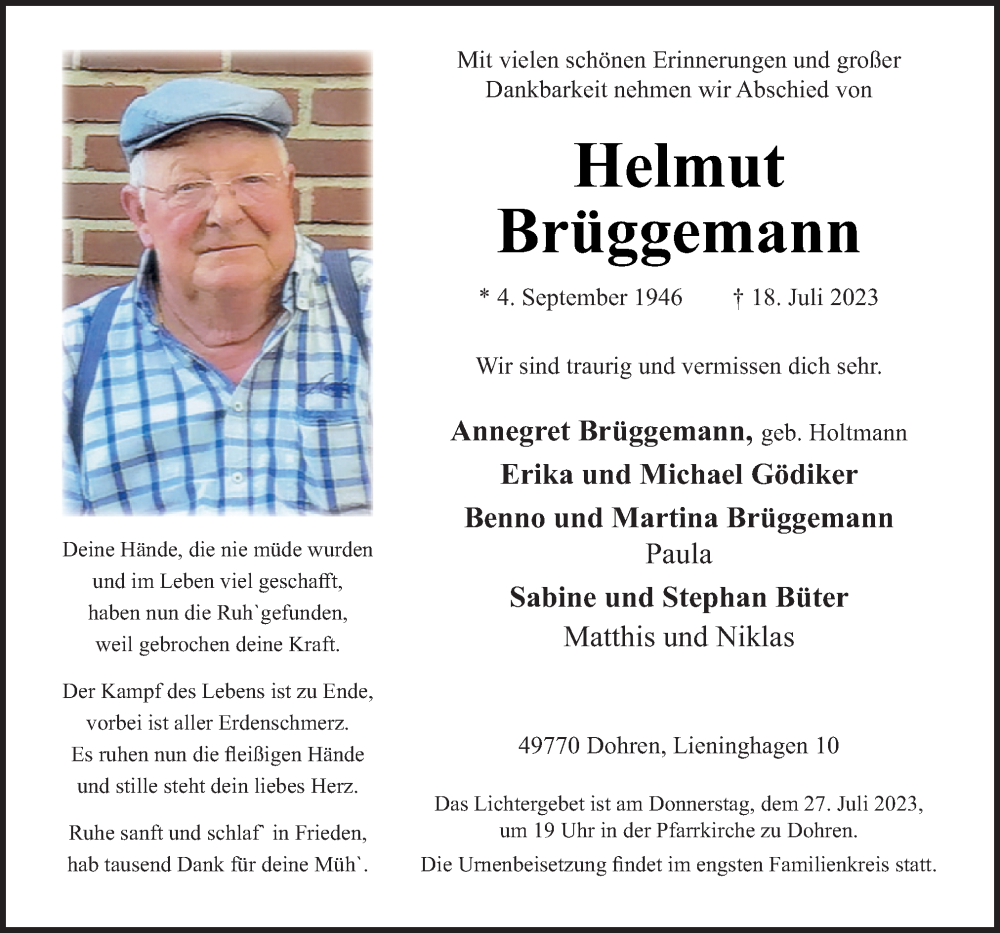  Traueranzeige für Helmut Brüggemann vom 25.07.2023 aus Neue Osnabrücker Zeitung GmbH & Co. KG