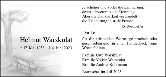 Traueranzeige von Helmut Warskulat von Neue Osnabrücker Zeitung GmbH & Co. KG