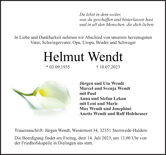 Traueranzeige von Helmut Wendt von Neue Osnabrücker Zeitung GmbH & Co. KG