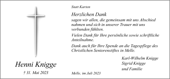 Traueranzeige von Henni Knigge von Neue Osnabrücker Zeitung GmbH & Co. KG