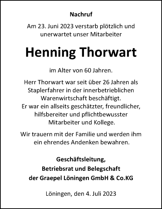 Traueranzeige von Henning Thorwart von Neue Osnabrücker Zeitung GmbH & Co. KG