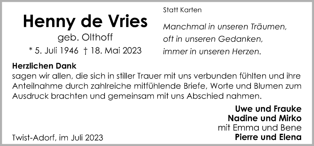  Traueranzeige für Henny de Vries vom 01.07.2023 aus Neue Osnabrücker Zeitung GmbH & Co. KG