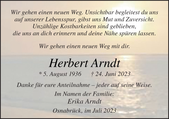 Traueranzeige von Herbert Arndt von Neue Osnabrücker Zeitung GmbH & Co. KG