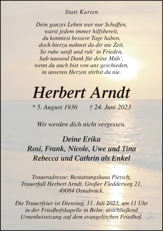 Traueranzeige von Herbert Arndt von Neue Osnabrücker Zeitung GmbH & Co. KG