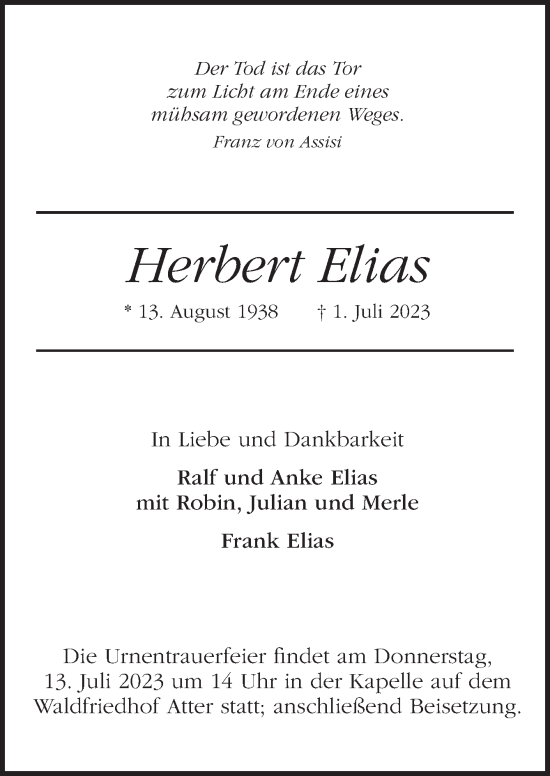Traueranzeige von Herbert Elias von Neue Osnabrücker Zeitung GmbH & Co. KG