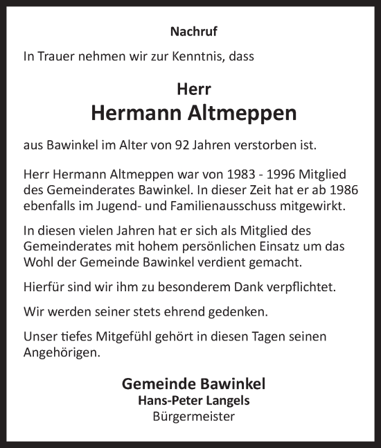 Traueranzeige von Hermann Altmeppen von Neue Osnabrücker Zeitung GmbH & Co. KG