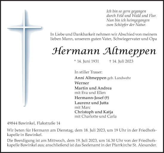 Traueranzeige von Hermann Altmeppen von Neue Osnabrücker Zeitung GmbH & Co. KG