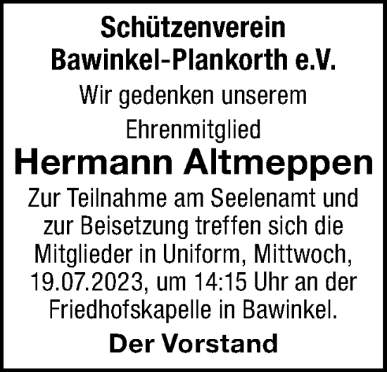 Traueranzeige von Hermann Altmeppen von Neue Osnabrücker Zeitung GmbH & Co. KG