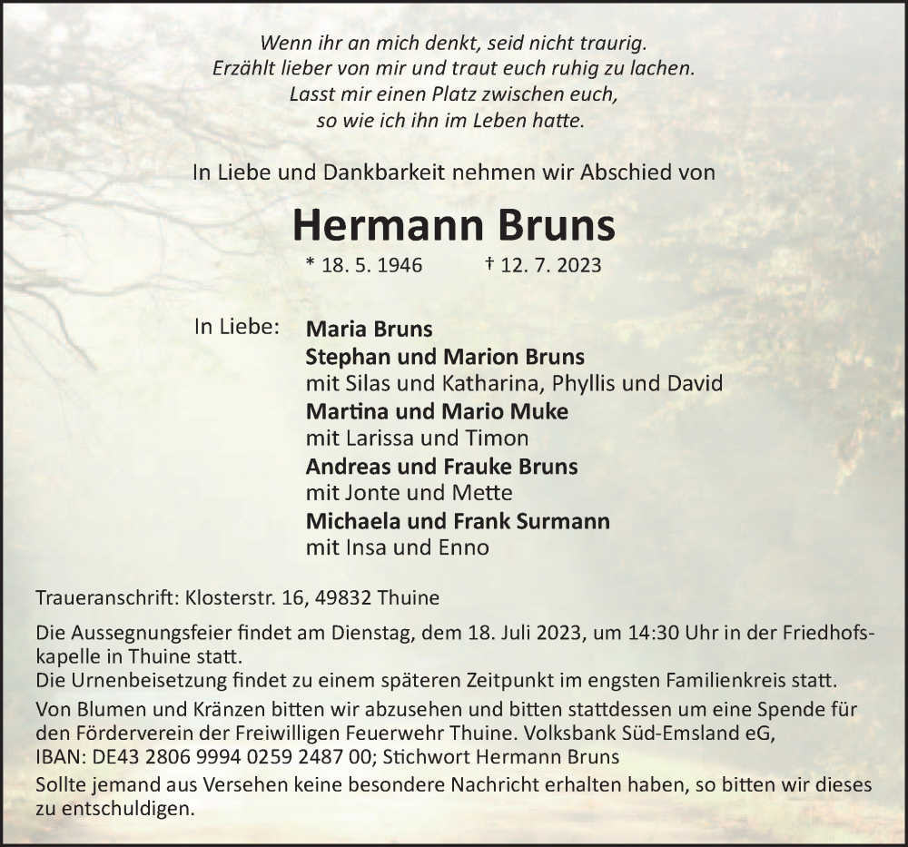  Traueranzeige für Hermann Bruns vom 15.07.2023 aus Neue Osnabrücker Zeitung GmbH & Co. KG