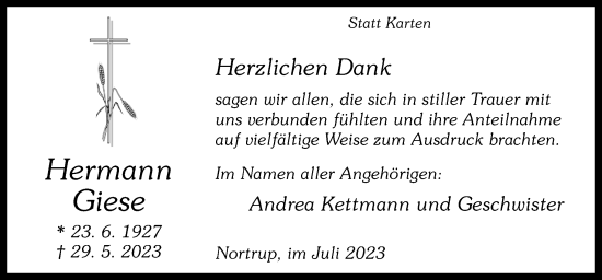 Traueranzeige von Hermann Giese von Neue Osnabrücker Zeitung GmbH & Co. KG