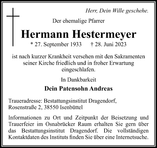 Traueranzeige von Hermann Hestermeyer von Neue Osnabrücker Zeitung GmbH & Co. KG