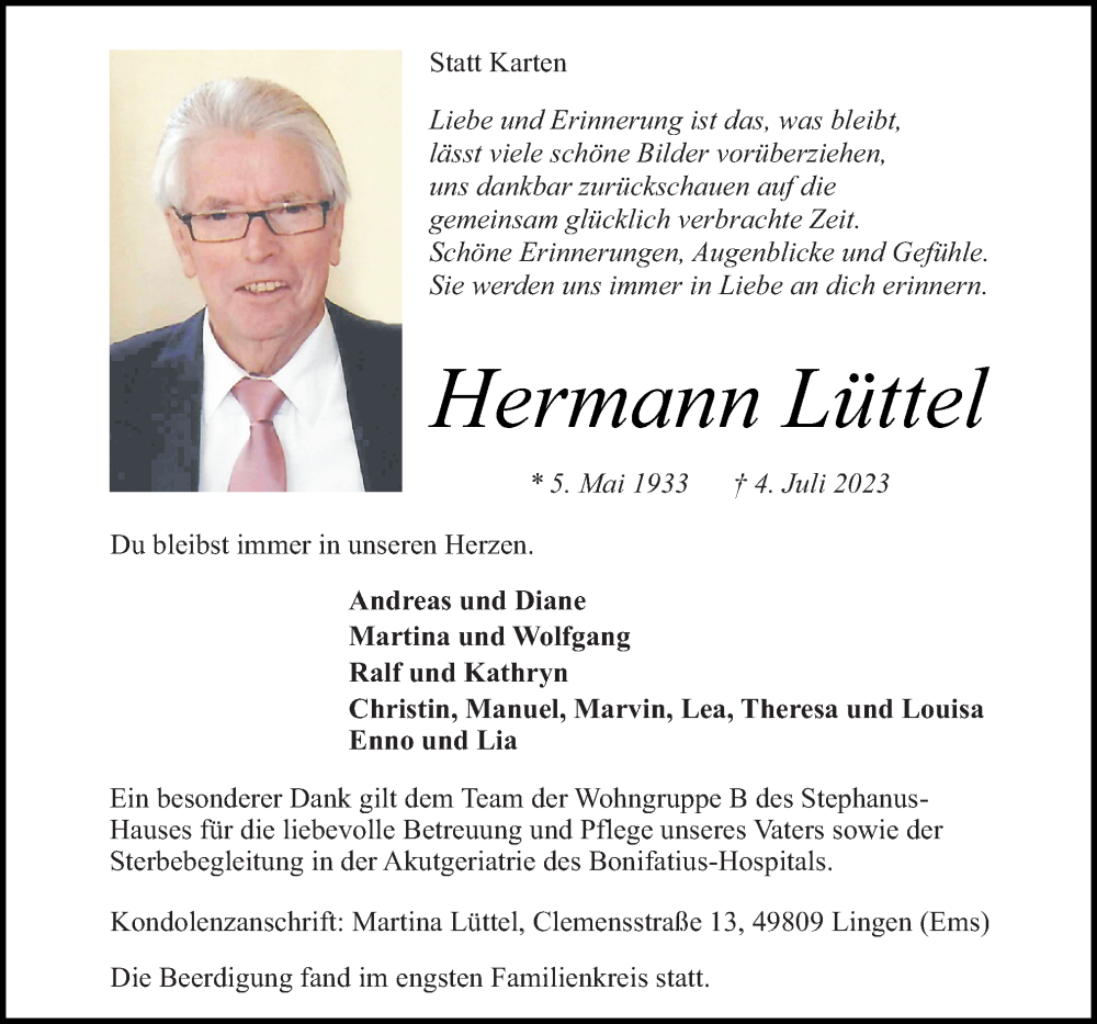  Traueranzeige für Hermann Lüttel vom 12.07.2023 aus Neue Osnabrücker Zeitung GmbH & Co. KG