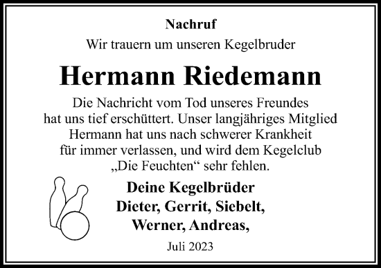 Traueranzeige von Hermann Riedemann von Neue Osnabrücker Zeitung GmbH & Co. KG