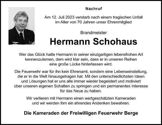 Traueranzeige von Hermann Schohaus von Neue Osnabrücker Zeitung GmbH & Co. KG