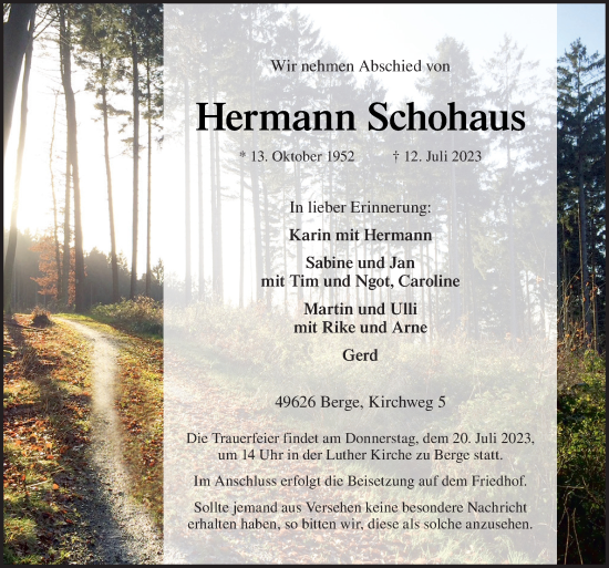 Traueranzeige von Hermann Schohaus von Neue Osnabrücker Zeitung GmbH & Co. KG