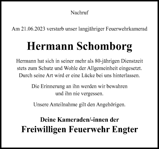 Traueranzeige von Hermann Schomborg von Neue Osnabrücker Zeitung GmbH & Co. KG