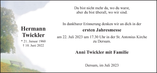 Traueranzeige von Hermann Twickler von Neue Osnabrücker Zeitung GmbH & Co. KG
