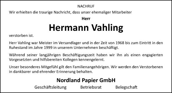 Traueranzeige von Hermann Vahling von Neue Osnabrücker Zeitung GmbH & Co. KG