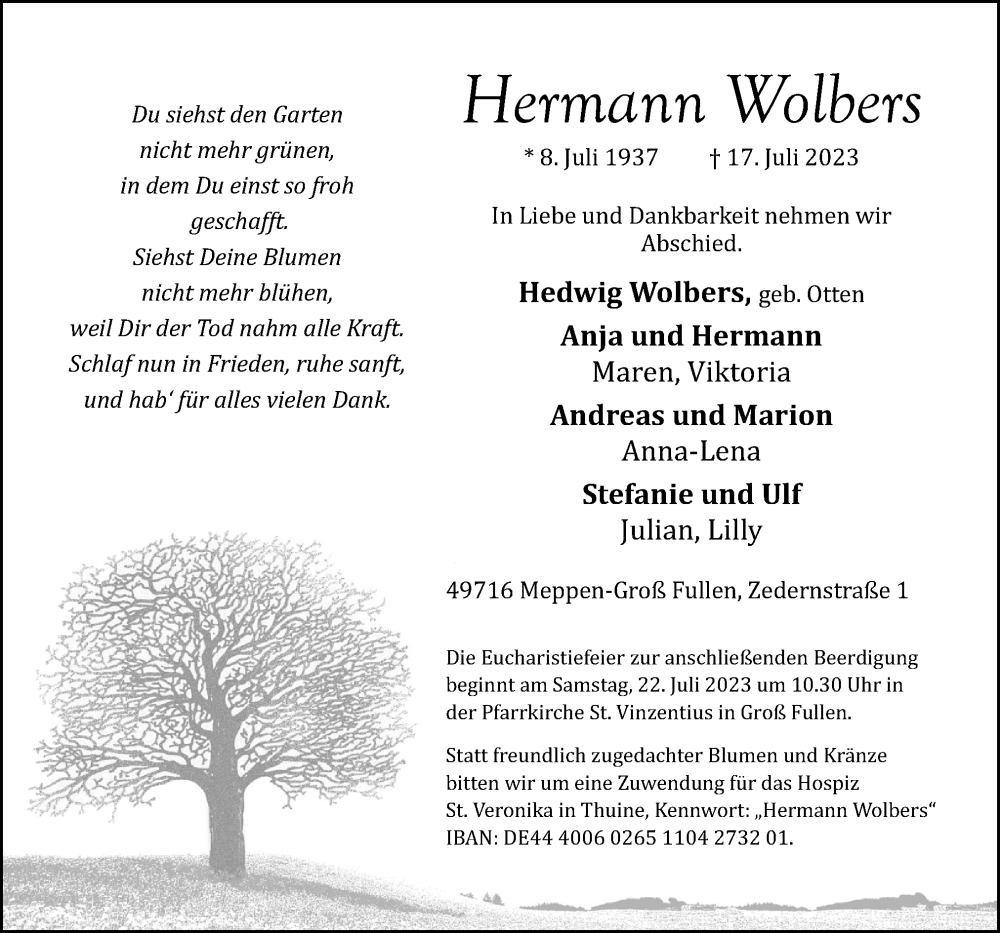  Traueranzeige für Hermann Wolbers vom 20.07.2023 aus Neue Osnabrücker Zeitung GmbH & Co. KG