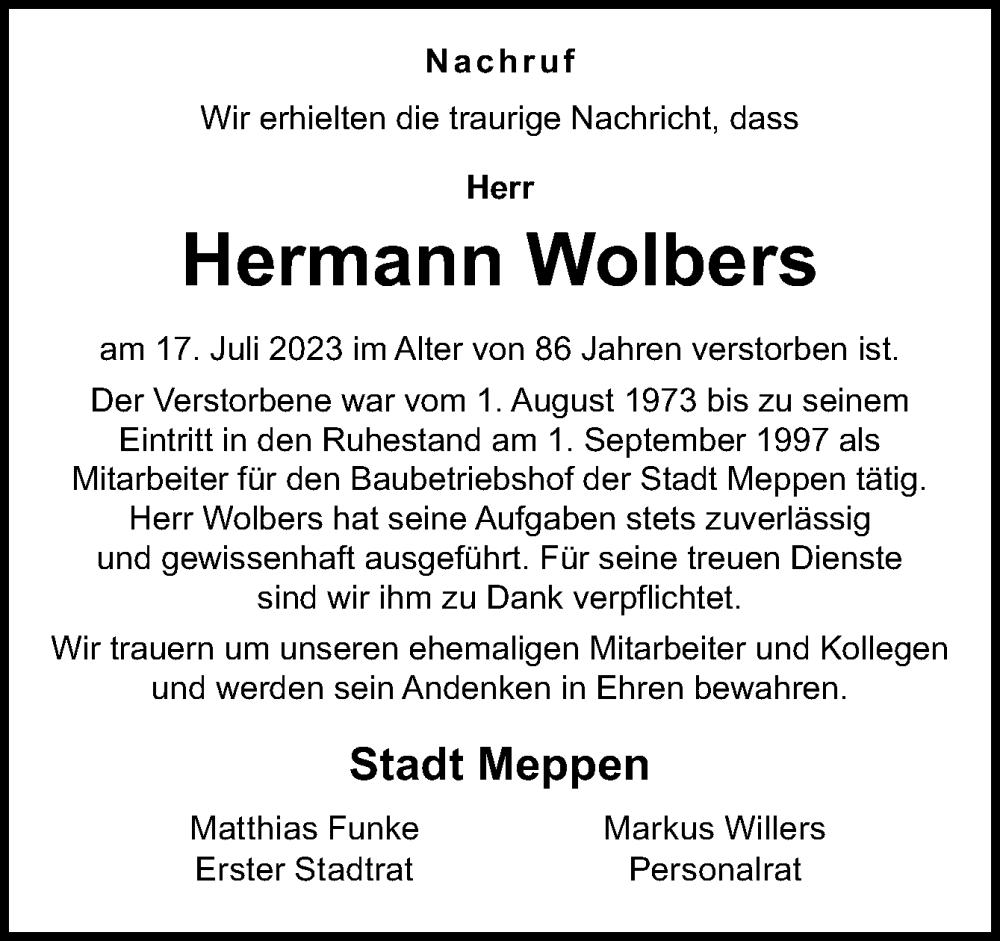  Traueranzeige für Hermann Wolbers vom 25.07.2023 aus Neue Osnabrücker Zeitung GmbH & Co. KG